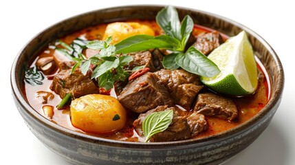 A bowl of beef stew with lime slices on the side