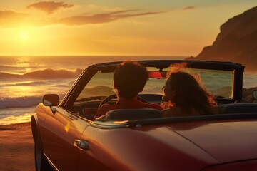 Couple in a car driving into sunset honeymoon marriage travel retro aesthetic road trip US America destination driving relaxed vacation leisure time date two people friends love relationship sun
