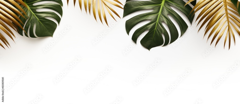 Aufkleber Minimal concept featuring gold tropical palm leaves and Monstera on a white background in a flat lay composition with a top view, creating a stylish copy space image.