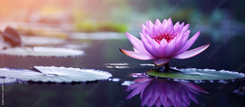 Poster a purple lotus in a serene pond offers a tranquil setting with copy space image.