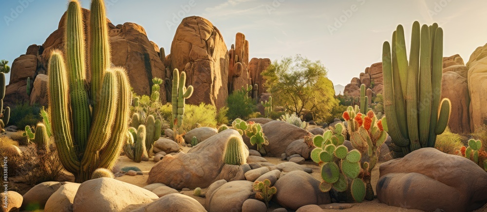 Poster Vertical image featuring large cacti and rocks illuminated by sunlight, suitable for copy space image.