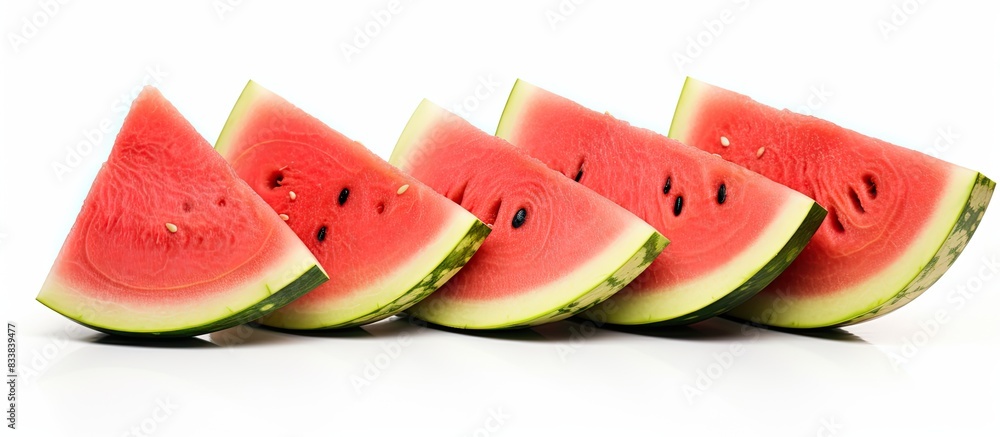 Poster Ripe watermelon slices with copy space image on a white backdrop.