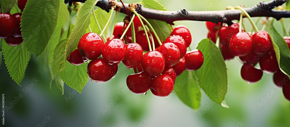 Poster tree branch with cherries, creates a picturesque scene with copy space image for adding text or grap