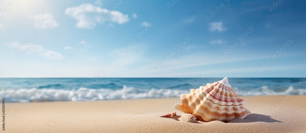 Fototapete Sandy beach with a sea shell on it, set against a summery backdrop with space for adding images. with copy space image. Place for adding text or design
