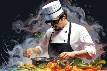 A captivating digital artwork of a sous chef using an augmented reality headset to follow cooking instructions,