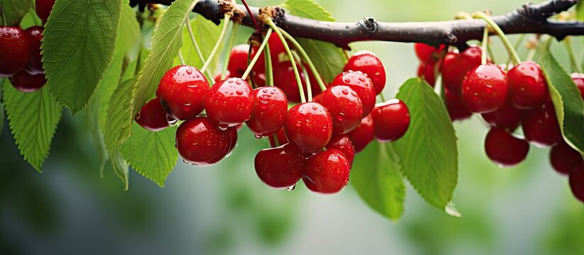 Tree branch with cherries, creates a picturesque scene with copy space image for adding text or graphics.