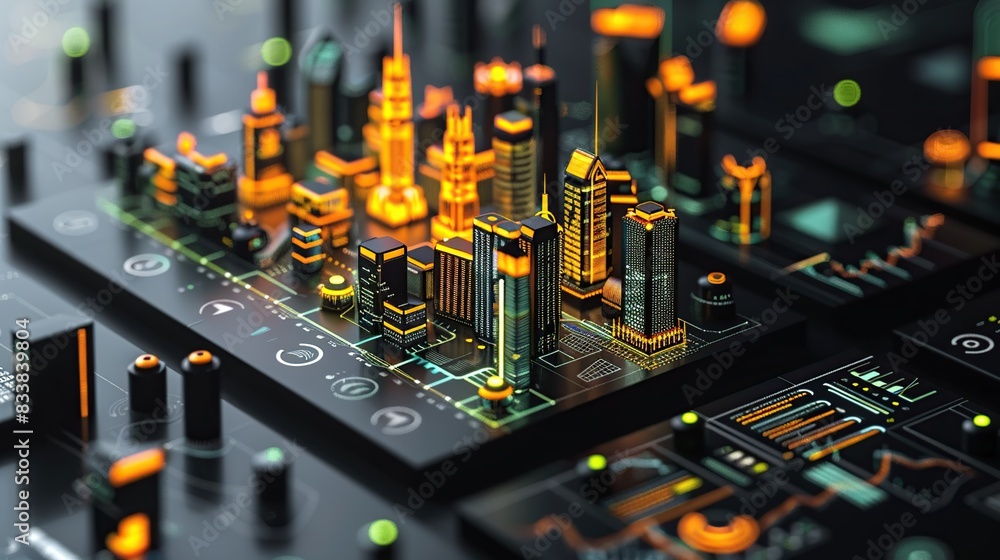 Poster 3D isometric buildings and high-tech design styles with data visualization on black background.