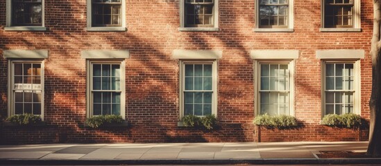 Fototapeta premium Charming brick houses feature beautiful, old windows with a vintage vibe, creating a picturesque scene perfect for a copy space image.
