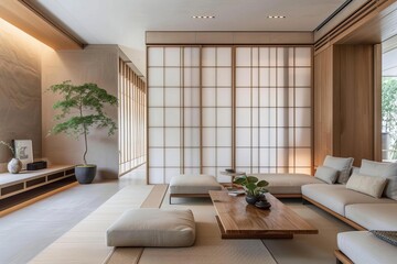 A Japandi living room with lowprofile wooden furniture