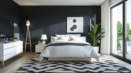A modern minimalist bedroom with a platform bed