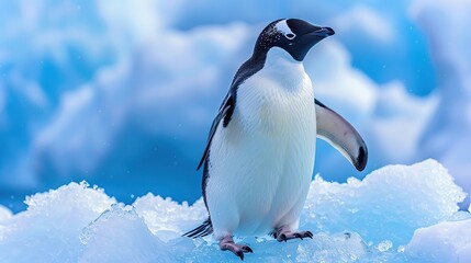 Obraz premium Wonderful A penguin is standing in the water with mountains in the background