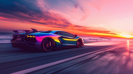 24. An exotic car with a rainbow gradient finish, cruising along a scenic coastal road with a vibrant, colorful sunset