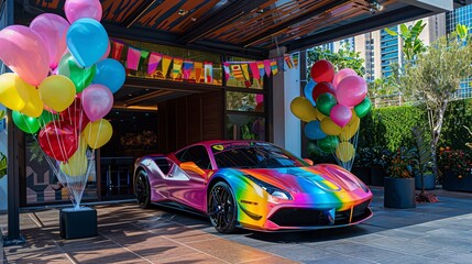 4. An exotic car with a custom rainbow vinyl wrap, parked at an exclusive event space decorated with Pride Month banners and balloons