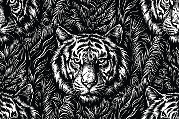 Fototapeta premium Intricate Seamless Black Tiger Pattern with Bold Monochrome Stripes for Graphic Design and Textile Art