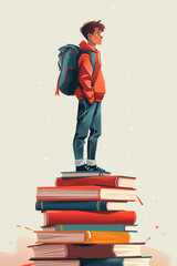 Aspiring young student standing tall on a pile of books