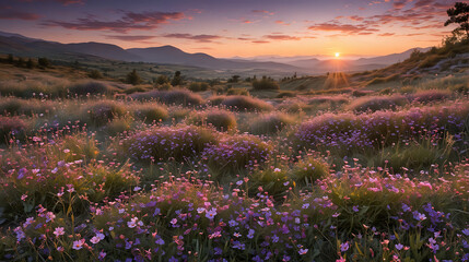 a breathtaking landscape filled with wildflowers, their colors illuminated by the golden rays of a setting sun, with rolling hills and distant mountains creating a serene backdrop