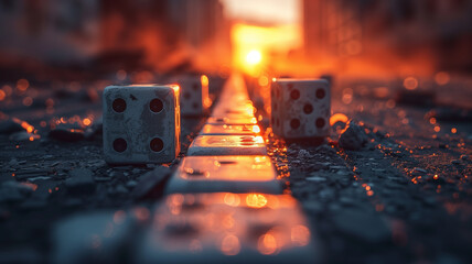 Close-up view of two dices lying on a concrete street surface.