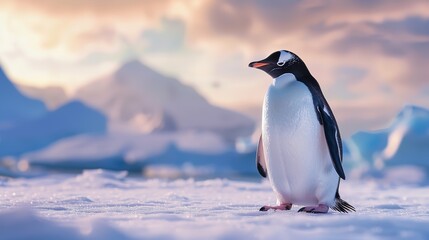 Naklejka premium Beautiful Gentoo penguin on snowy slope raising foot