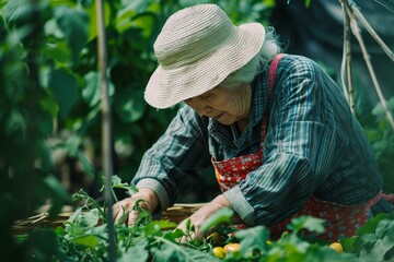 Senior woman in a hat cares for her garden, picking fresh vegetables surrounded by greenery