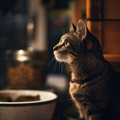 Cat waiting for food by a bowl. Atmospheric, warm shot.