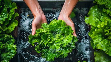 Close-up of hands washing fresh green lettuce under running water, showcasing clean and healthy eating habits. Perfect for food and health themes. - Powered by Adobe