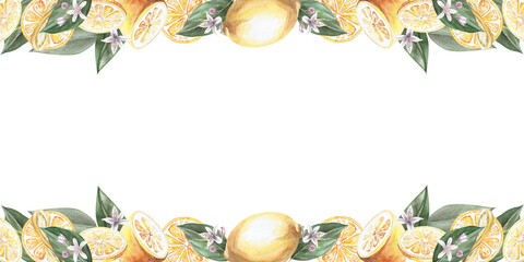 Lemons and leaves are framed in a watercolor illustration on a white background. Hand drawn lemons for cookbooks, lemonade, restaurant menu design, bar, cards