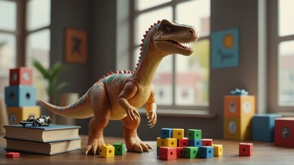 A Realistic Toy Dinosaur, Specifically a Tyrannosaurus Rex, Standing on a Wooden Table, Surrounded...
