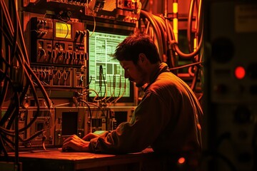 Silhouetted technician repairs complex control system in a dark industrial environment
