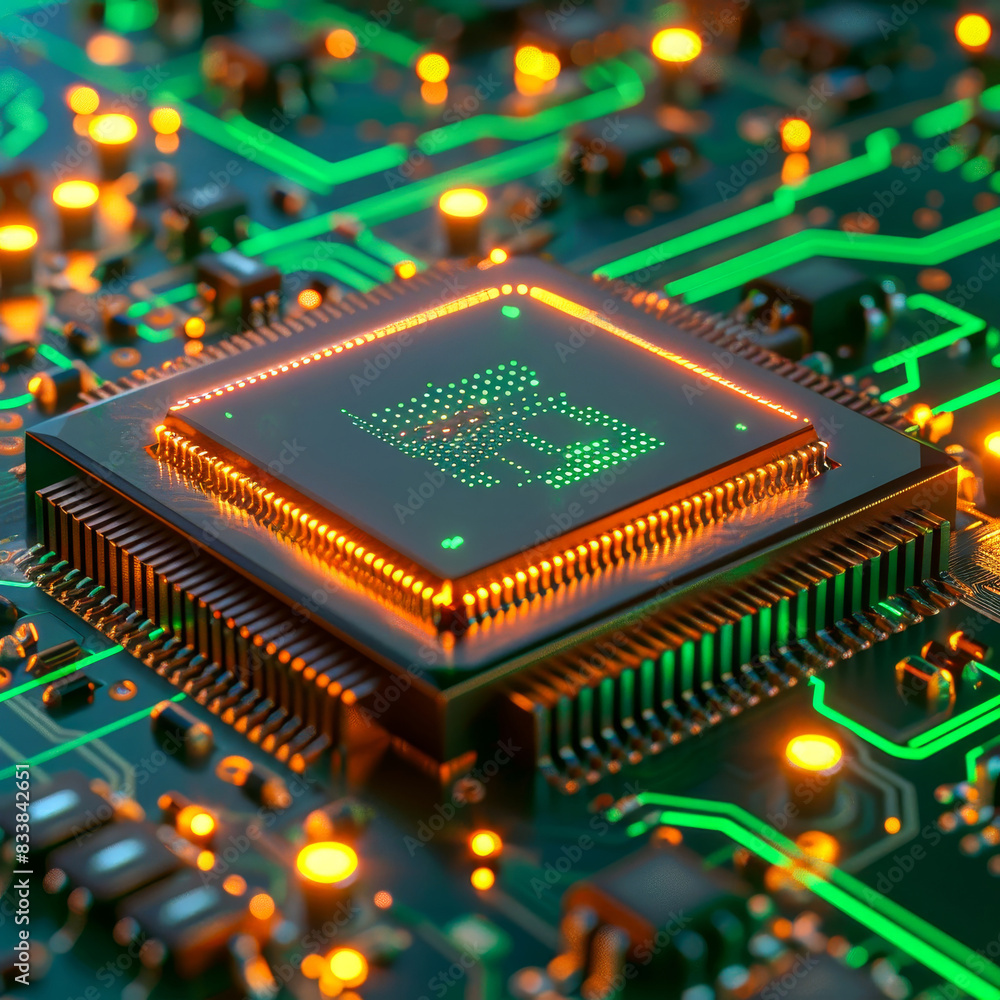 Poster close-up of an illuminated microchip on a green circuit board, showcasing intricate electronic compo
