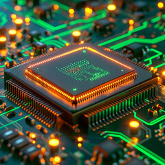 Obraz premium Close-up of an illuminated microchip on a green circuit board, showcasing intricate electronic components and glowing pathways.