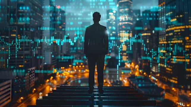 Businessman Overlooking Cityscape with Digital Interface