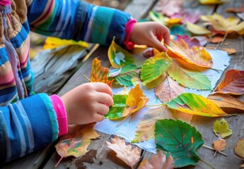 Child playing with autumn leaves