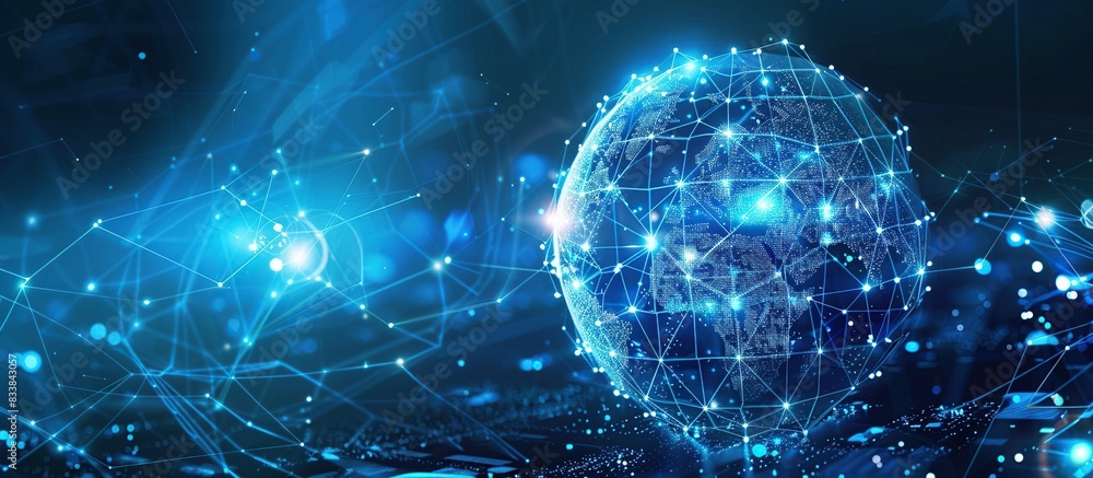 Poster digital world map hologram blue background. technology innovation idea of global business solution.