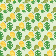 Tropical Fruits and monstera leaves Seamless Vector Pattern Design