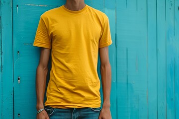 Torso shot of a man wearing a plain yellow t-shirt, perfect for fashion branding