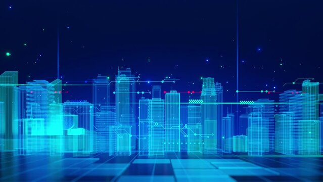 A futuristic cityscape depicted in a digital grid format, illuminated with blue lights, representing virtual reality and digital technology.