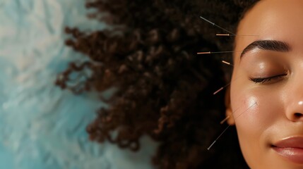 Close-up of a woman receiving acupuncture treatment with needles placed on her face, promoting relaxation and wellness in a serene setting.