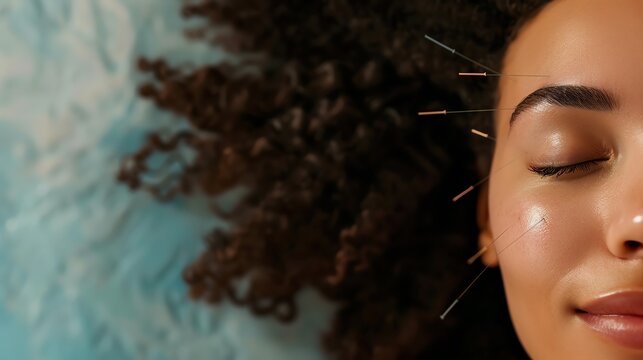 Close-up of a woman receiving acupuncture treatment with needles placed on her face, promoting relaxation and wellness in a serene setting.