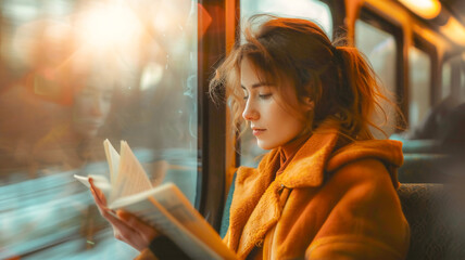 Beautiful woman reading book on train .