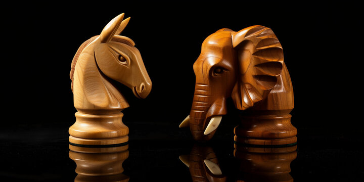 donkey vs. elephant, democrats vs. republican chess pieces