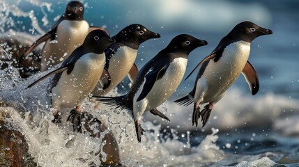 Fototapeta premium Spectacular Adelie Penguin, pygoscelis adeliae, Group Leaping into Ocean, Paulet Island in Antarctica