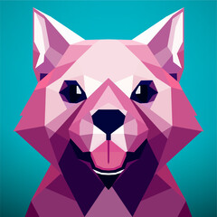 Low poly dog with a turquoise background,  triangular pink animal, with a black nose, low poly, a character portrait. Vector art, sots art, low poly, cubo-futurism, sticker, cartoon avatar