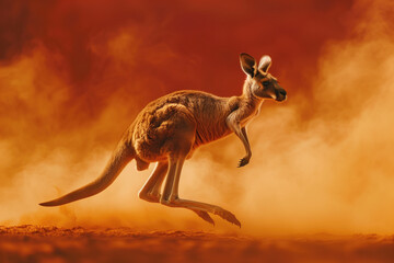 Fototapeta premium Kangaroo Hopping Through Red Dusty Australian Outback.