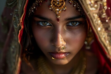 Close-up of a young indian bride's intense gaze adorned with traditional jewelry under her veil