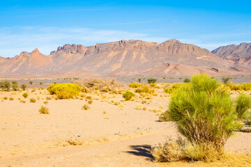 High peaks and desert arid landscape between Agdz and Tazzarine towns in Atlas Mountains, Morocco, North Africa