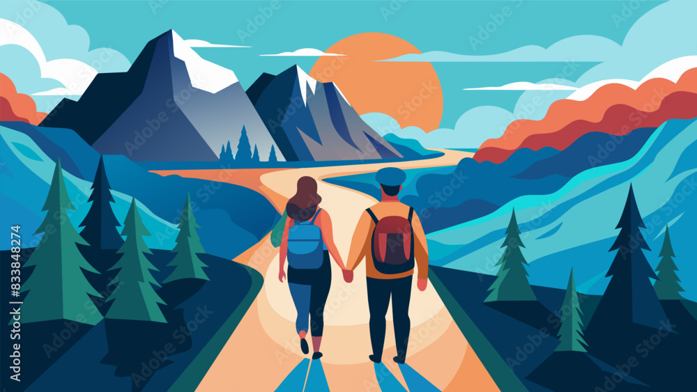 Poster hand in hand the hikers make their way up to a breathtaking viewpoint where they pause to take in th