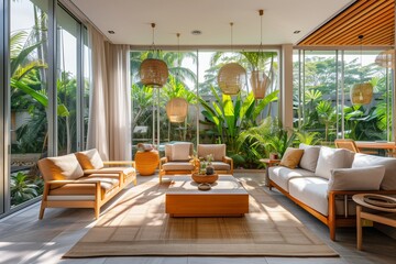 Fototapeta premium Bright contemporary sunroom with sleek modular furniture, light wood accents, and lush tropical garden views |