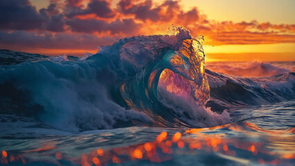 Naklejka premium Breaking ocean wave falling down with copyspace, 16:9, 300dpi