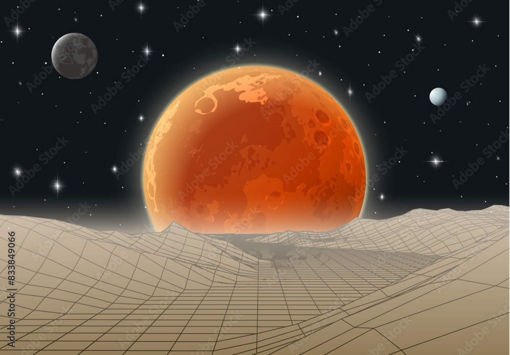 Poster Retro futuristic landscape with mountains and sun in deep space. 80s styled synthwve landscape with sunrise over alien planet.