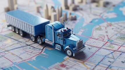 Miniature blue delivery truck on a city map with building contours